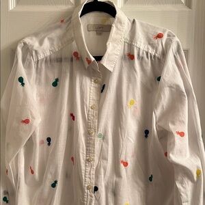 LOFT Linen White Shirt with Multicolor Embroidery Pattern